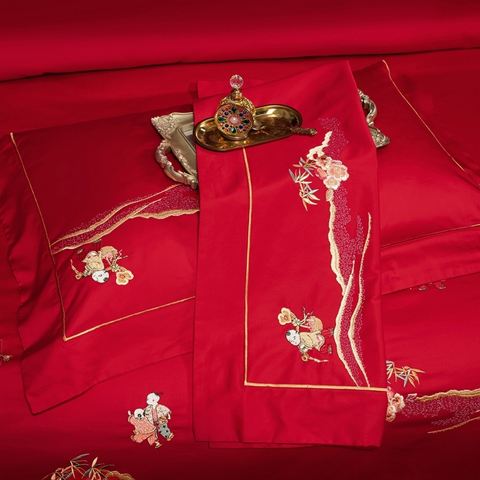 91家纺网 家纺一手货源 找家纺 柏拉图 2025新款100s长绒棉纯棉贡缎提花婚庆系列四件套多件套3 快乐天使