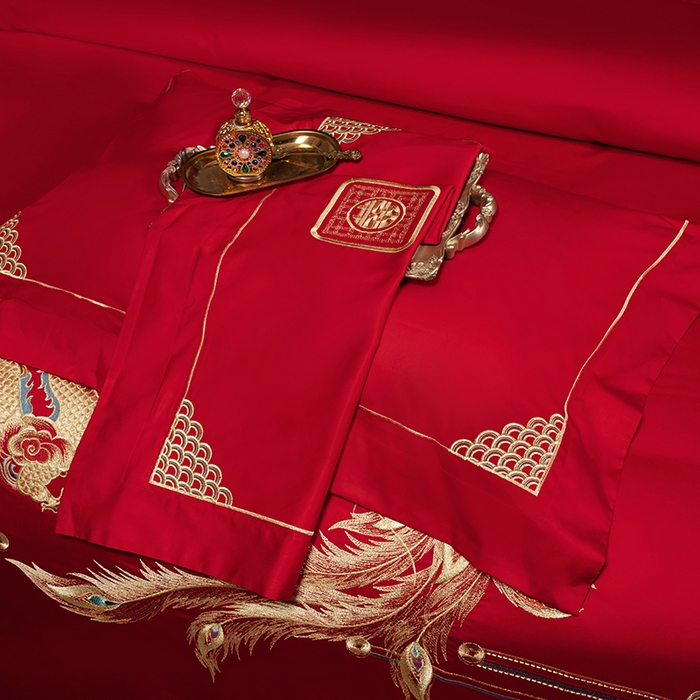 91家纺网 家纺一手货源 找家纺 柏拉图 2025新款100s长绒棉纯棉贡缎提花婚庆系列四件套多件套3 龙凤瑞彩