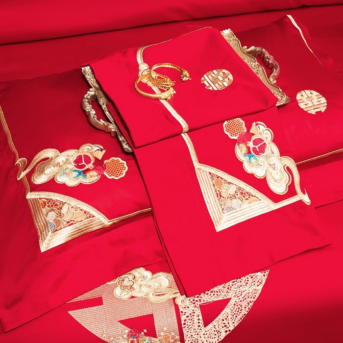 91家纺网 家纺一手货源 找家纺 柏拉图 2025新款100s长绒棉纯棉贡缎提花婚庆系列四件套多件套3 东方喜事