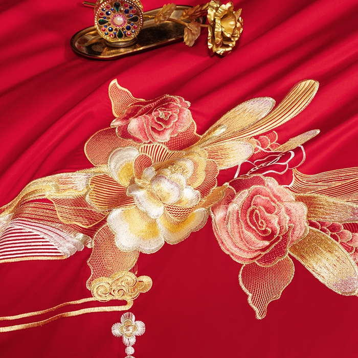 91家纺网 家纺一手货源 找家纺 柏拉图 2025新款100s长绒棉纯棉贡缎提花婚庆系列四件套多件套3 朵朵爱恋