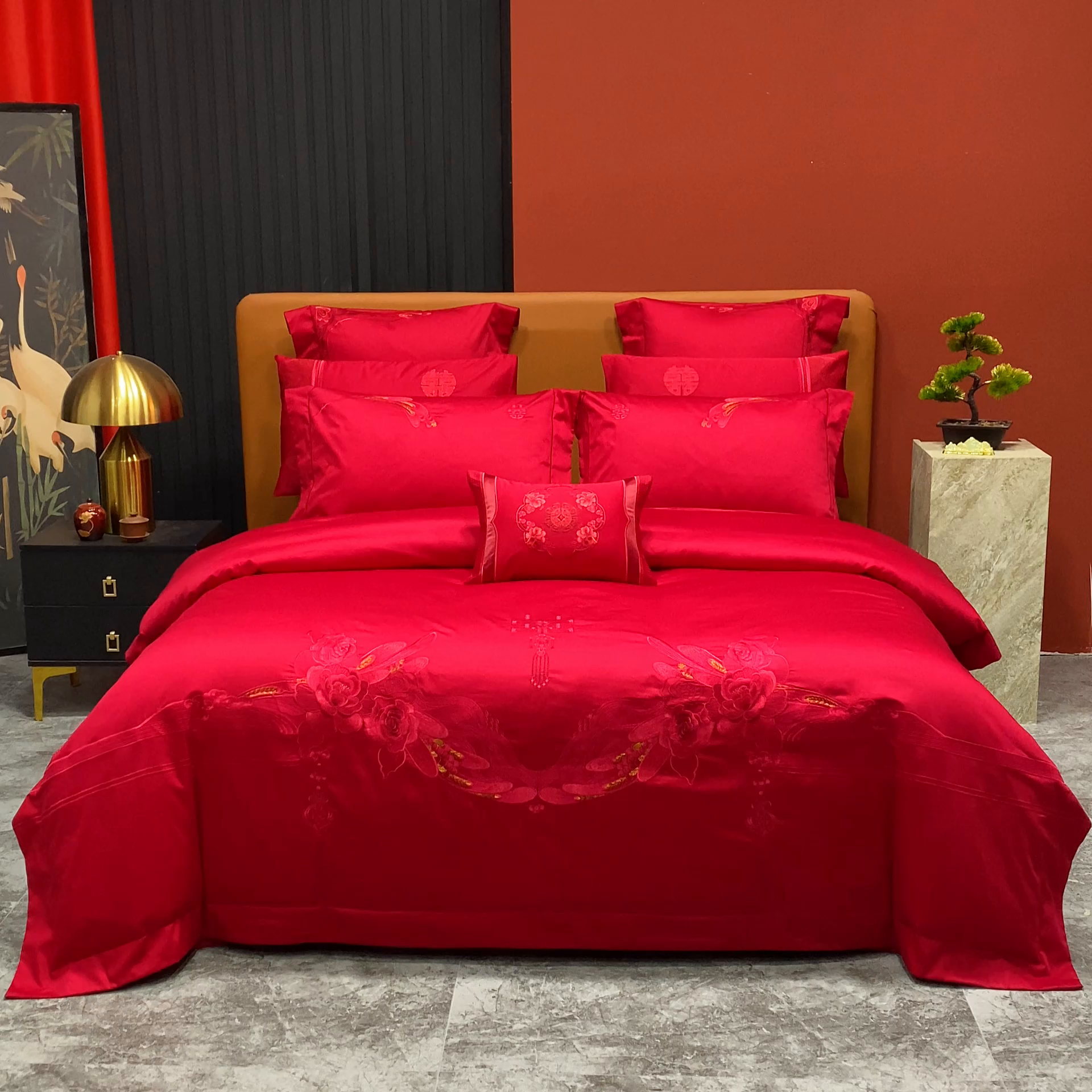 91家纺网 家纺一手货源 找家纺 柏拉图 2025新款100s长绒棉纯棉贡缎提花婚庆系列四件套多件套3 朵朵爱恋红