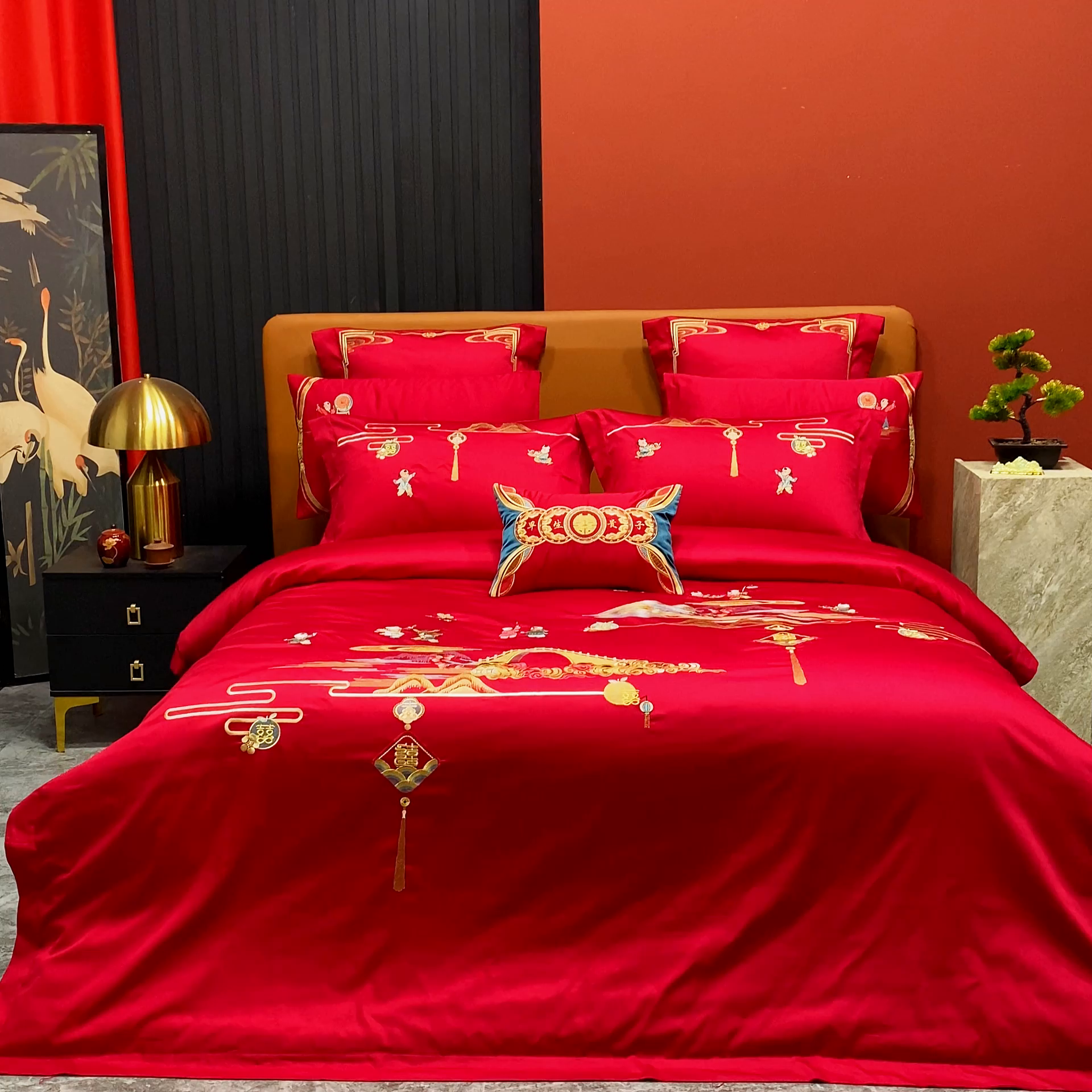 91家纺网 家纺一手货源 找家纺 柏拉图 2025新款100s长绒棉纯棉贡缎提花婚庆系列四件套多件套3 百子添福