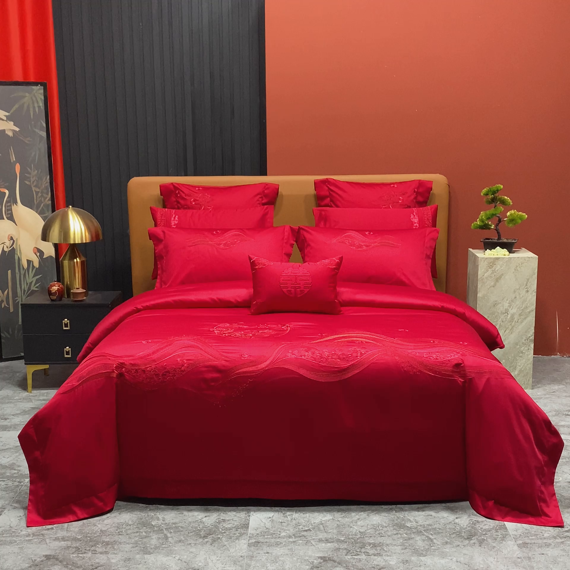 91家纺网 家纺一手货源 找家纺 柏拉图 2025新款100s长绒棉纯棉贡缎提花婚庆系列四件套多件套3 花烛红妆红