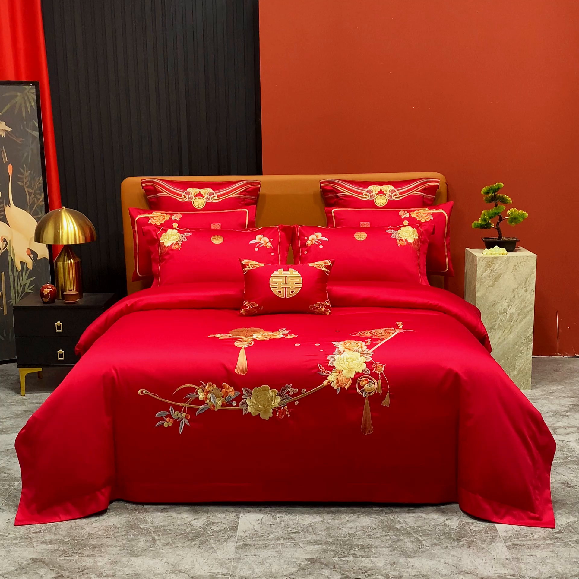 91家纺网 家纺一手货源 找家纺 柏拉图 2025新款100s长绒棉纯棉贡缎提花婚庆系列四件套多件套3 喜事连绵