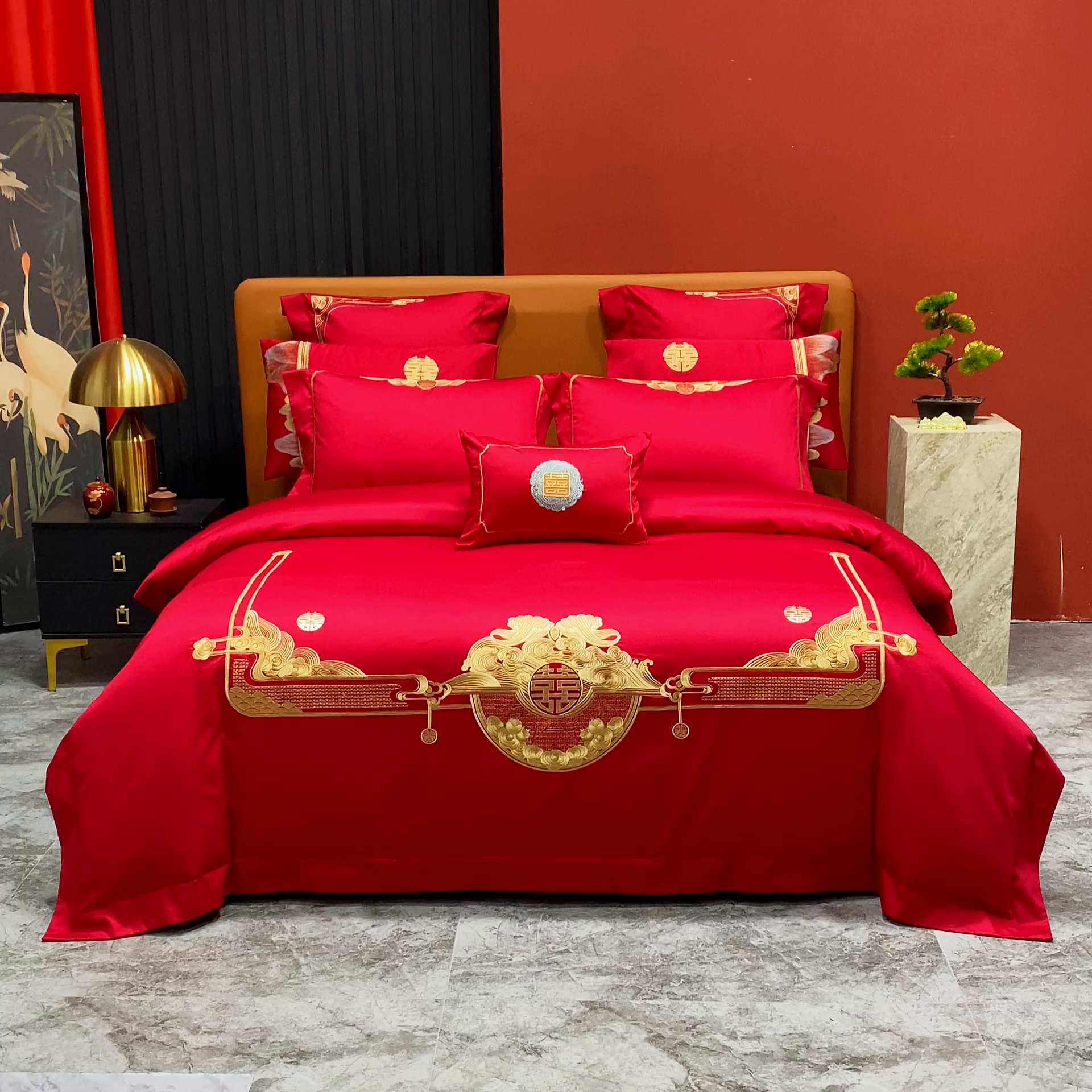 91家纺网 家纺一手货源 找家纺 柏拉图 2025新款100s长绒棉纯棉贡缎提花婚庆系列四件套多件套3 锦绣年华