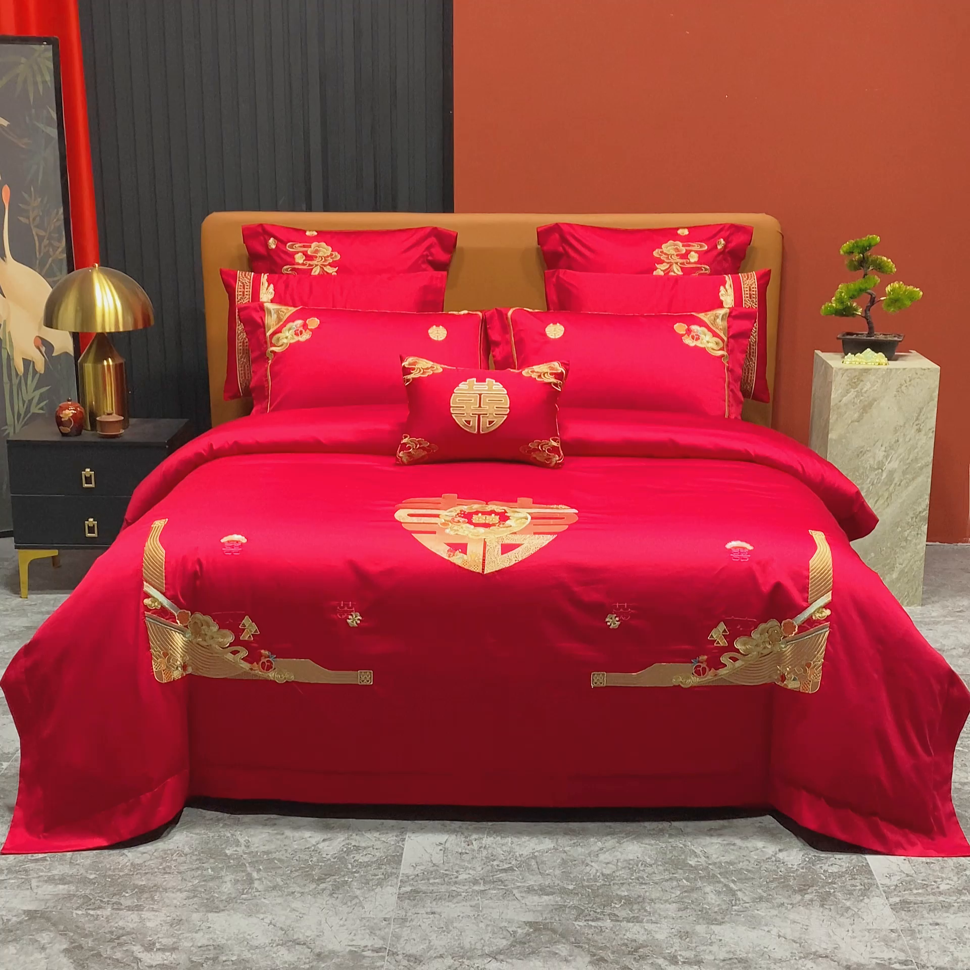 91家纺网 家纺一手货源 找家纺 柏拉图 2025新款100s长绒棉纯棉贡缎提花婚庆系列四件套多件套3 东方喜事