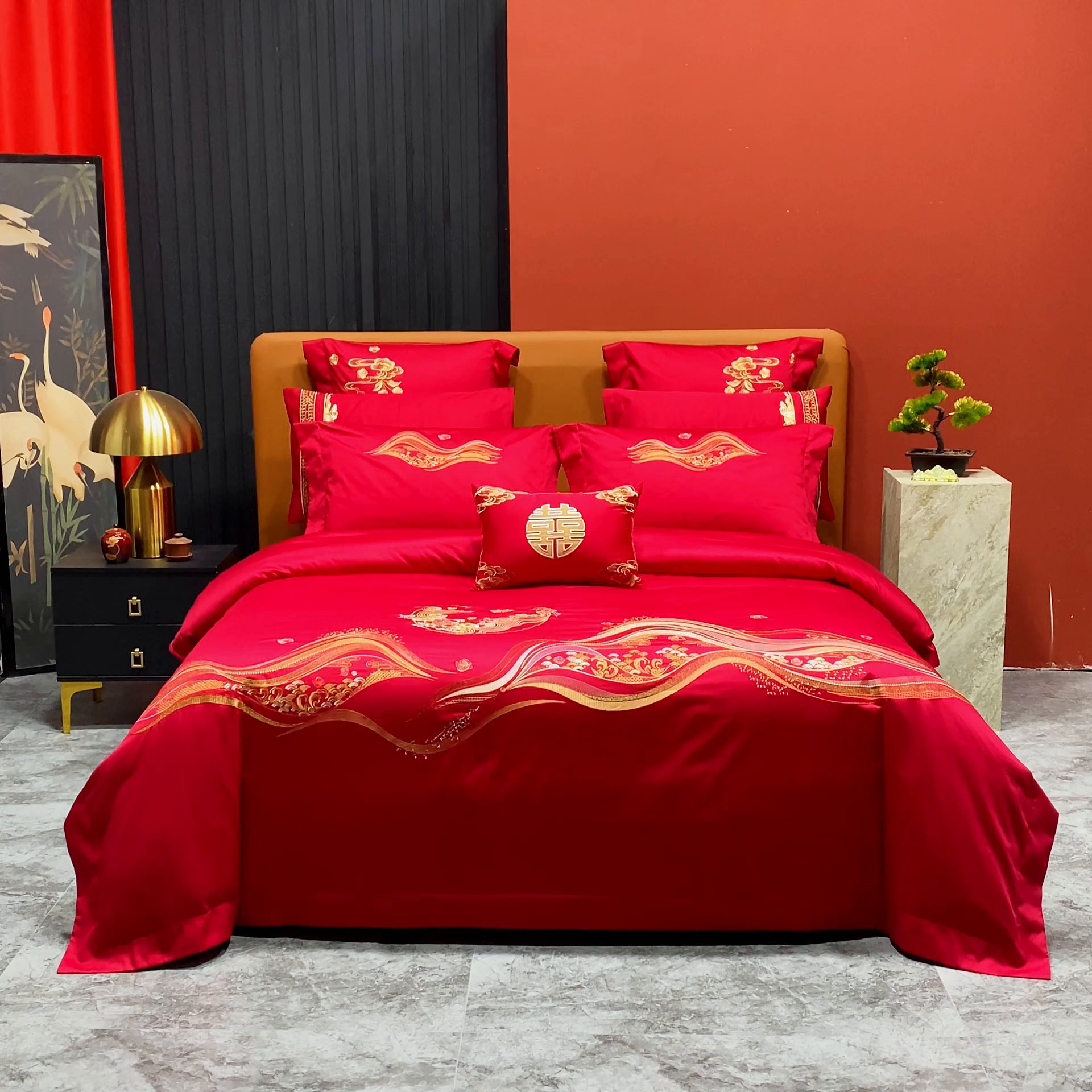 91家纺网 家纺一手货源 找家纺 柏拉图 2025新款100s长绒棉纯棉贡缎提花婚庆系列四件套多件套3 花烛红妆