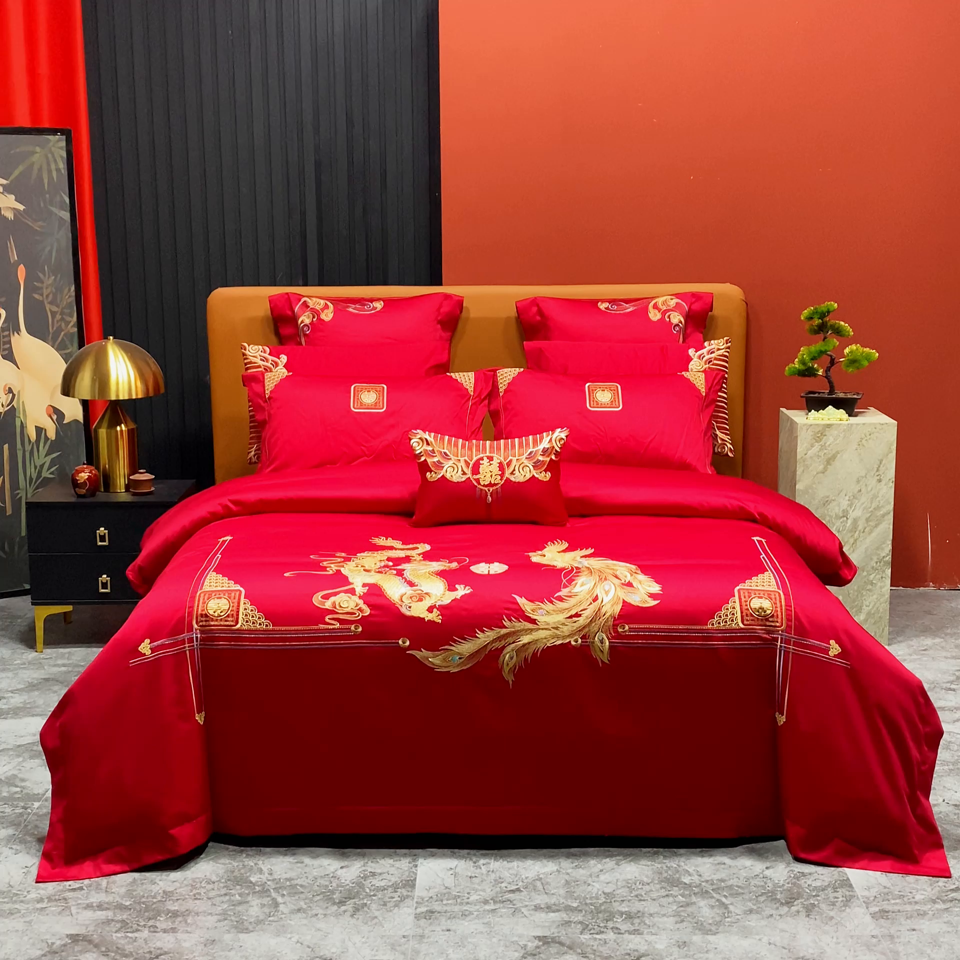 91家纺网 家纺一手货源 找家纺 柏拉图 2025新款100s长绒棉纯棉贡缎提花婚庆系列四件套多件套3 龙凤瑞彩