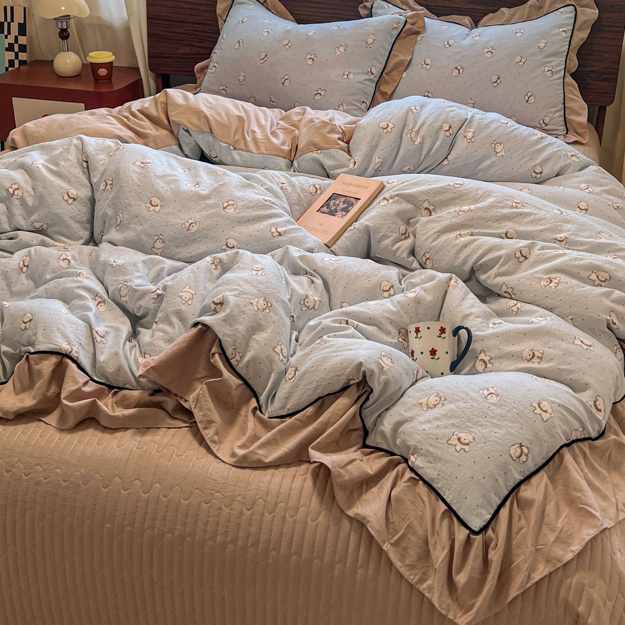 91家纺网 家纺一手货源 找家纺 美梦家纺 2025新款亲肤舒适高克重云感棉床盖四件套 星愿狗·绿