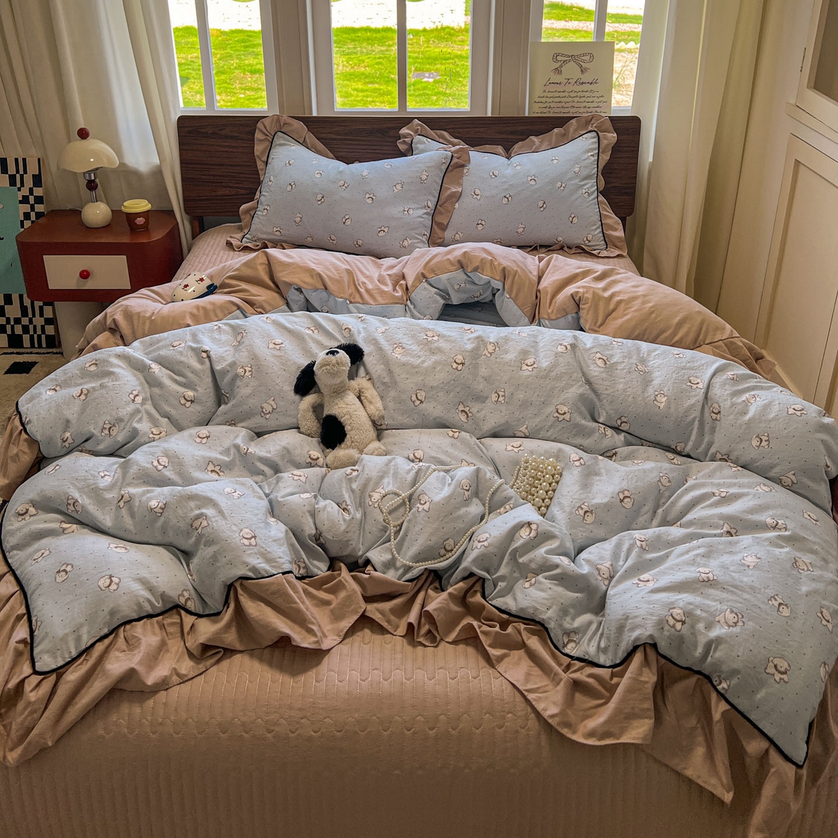 91家纺网 家纺一手货源 找家纺 美梦家纺 2025新款亲肤舒适高克重云感棉床盖四件套 星愿狗·绿