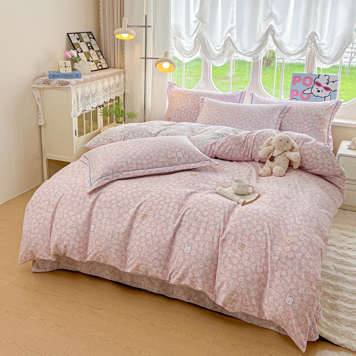 91家纺网 家纺一手货源 找家纺 韩后家纺 2025新款水洗棉印花系列四件套 轻颜-粉