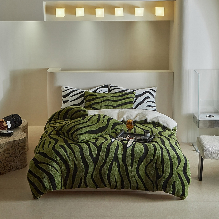 温宁家纺 2025新款斑马被套毯毛毯盖毯 三件套-斑马纹军绿