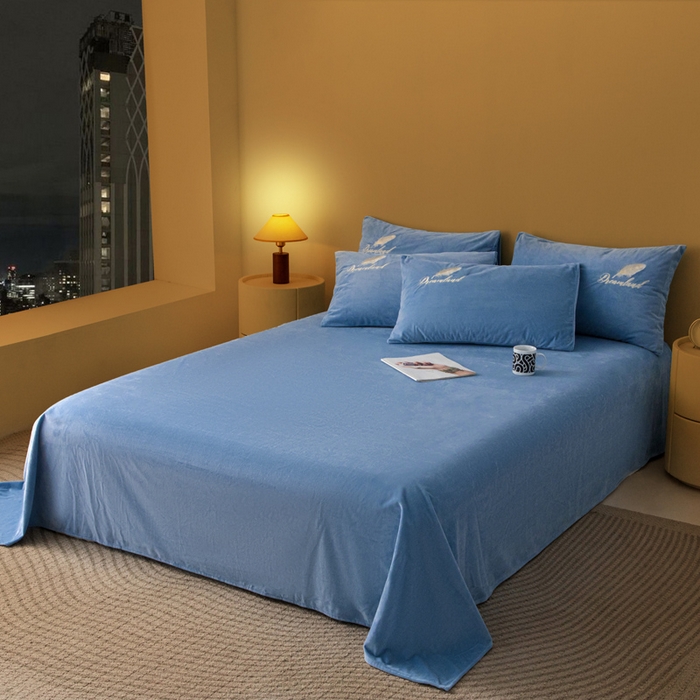 91家纺网 家纺一手货源 找家纺 悦织湾家纺 2025新款水晶绒刺绣羽毛四件套纯色床单被套枕套学生宿舍单双人床三四件套 羽毛-宝蓝