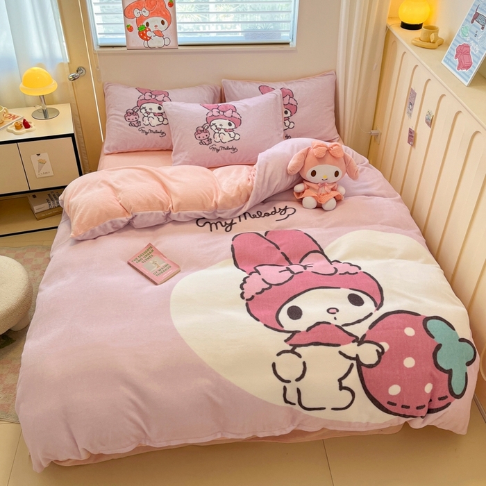 金爱家 2025新款正版三丽鸥授权大版卡通平网数码印花加厚高克重牛奶绒系列四件套-第二批 绒R草莓美乐蒂