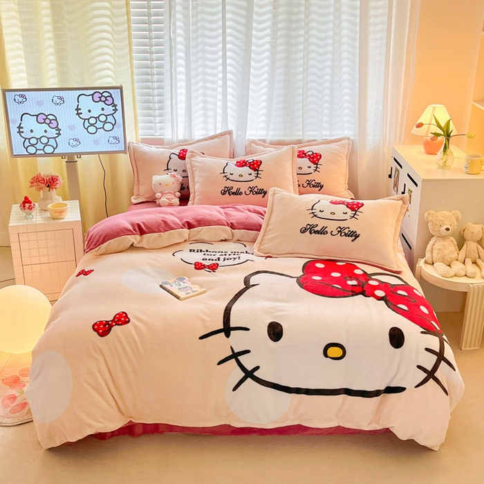 91家纺网 家纺一手货源 找家纺 金爱家 2025新款正版三丽鸥授权大版卡通平网数码印花加厚高克重牛奶绒系列四件套-第二批 蝴蝶kt