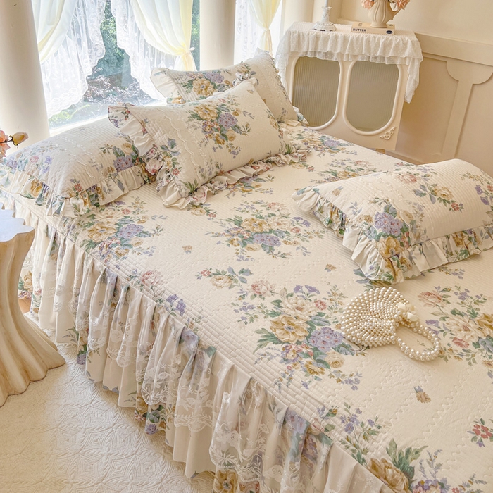 91家纺网 家纺一手货源 找家纺 瑞宝 2025新款13372全棉印花花边床裙三件套 安娜花园