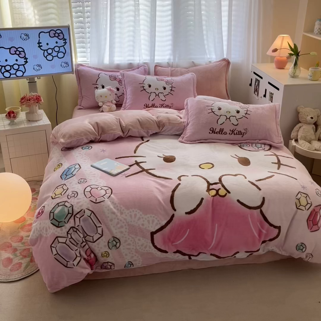 91家纺网 家纺一手货源 找家纺 （总）金爱家 2025新款正版三丽鸥授权大版卡通平网数码印花加厚高克重牛奶绒系列四件套-第二批