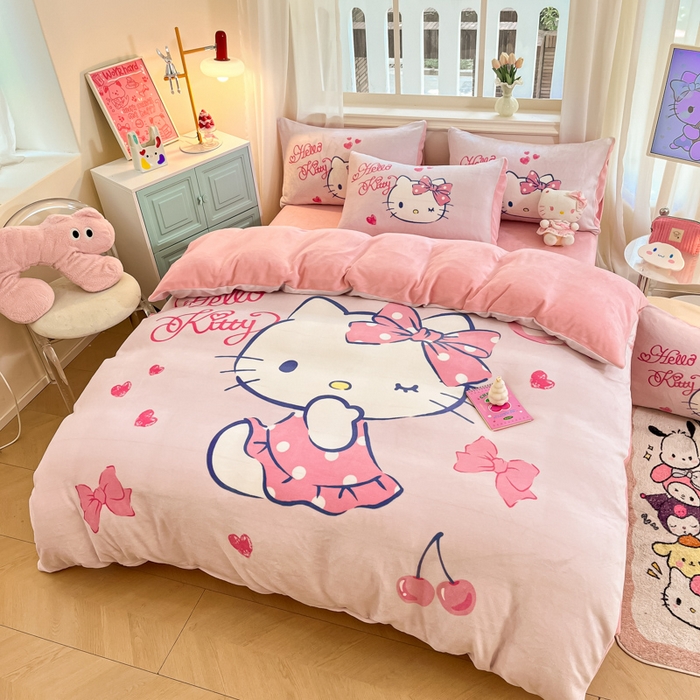 91家纺网 家纺一手货源 找家纺 （总）金爱家 2025新款正版三丽鸥授权大版卡通平网数码印花加厚高克重牛奶绒系列四件套-第一批