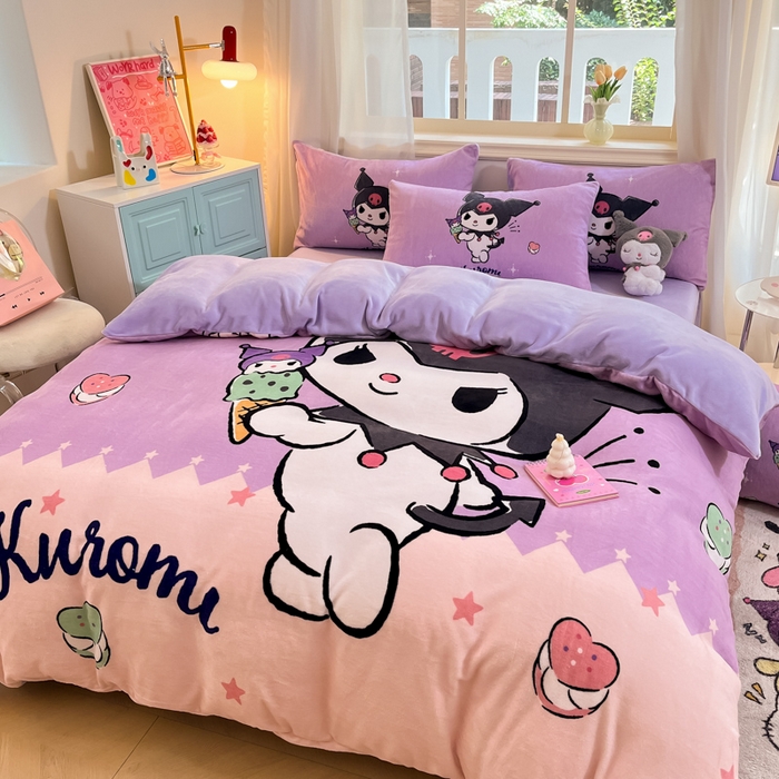 91家纺网 家纺一手货源 找家纺 （总）金爱家 2025新款正版三丽鸥授权大版卡通平网数码印花加厚高克重牛奶绒系列四件套-第一批