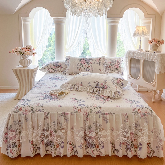 瑞宝 2025新款13372全棉印花花边床裙三件套 素雅