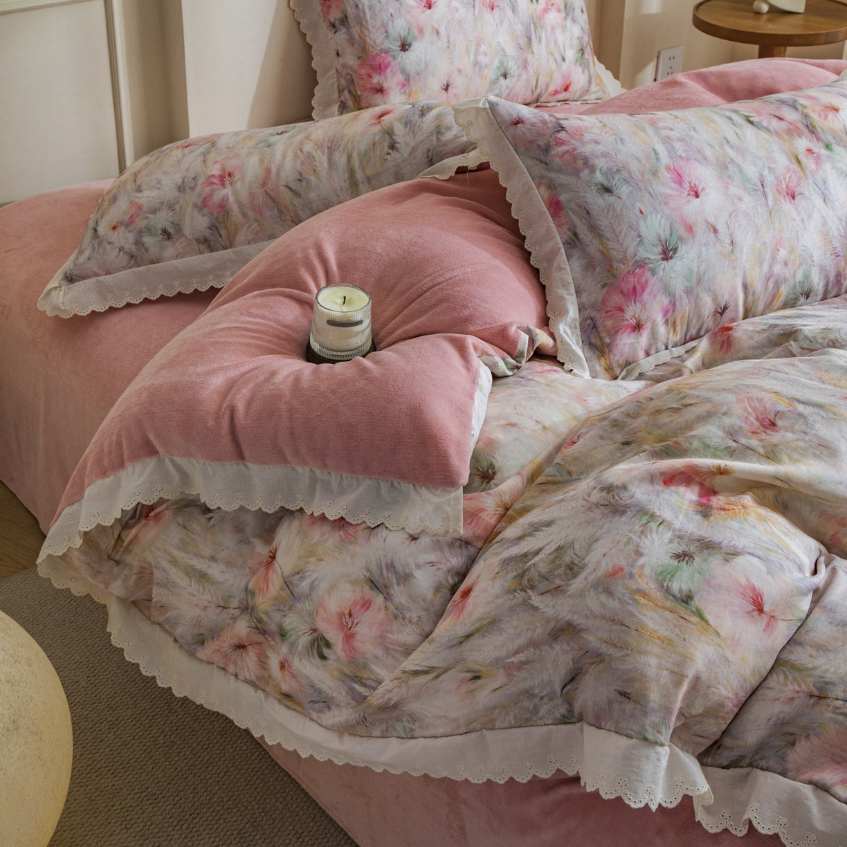 大境 2025秋冬新款A类全棉双层纱棉加牛奶绒四件套韩版公主风 瑞芙丽