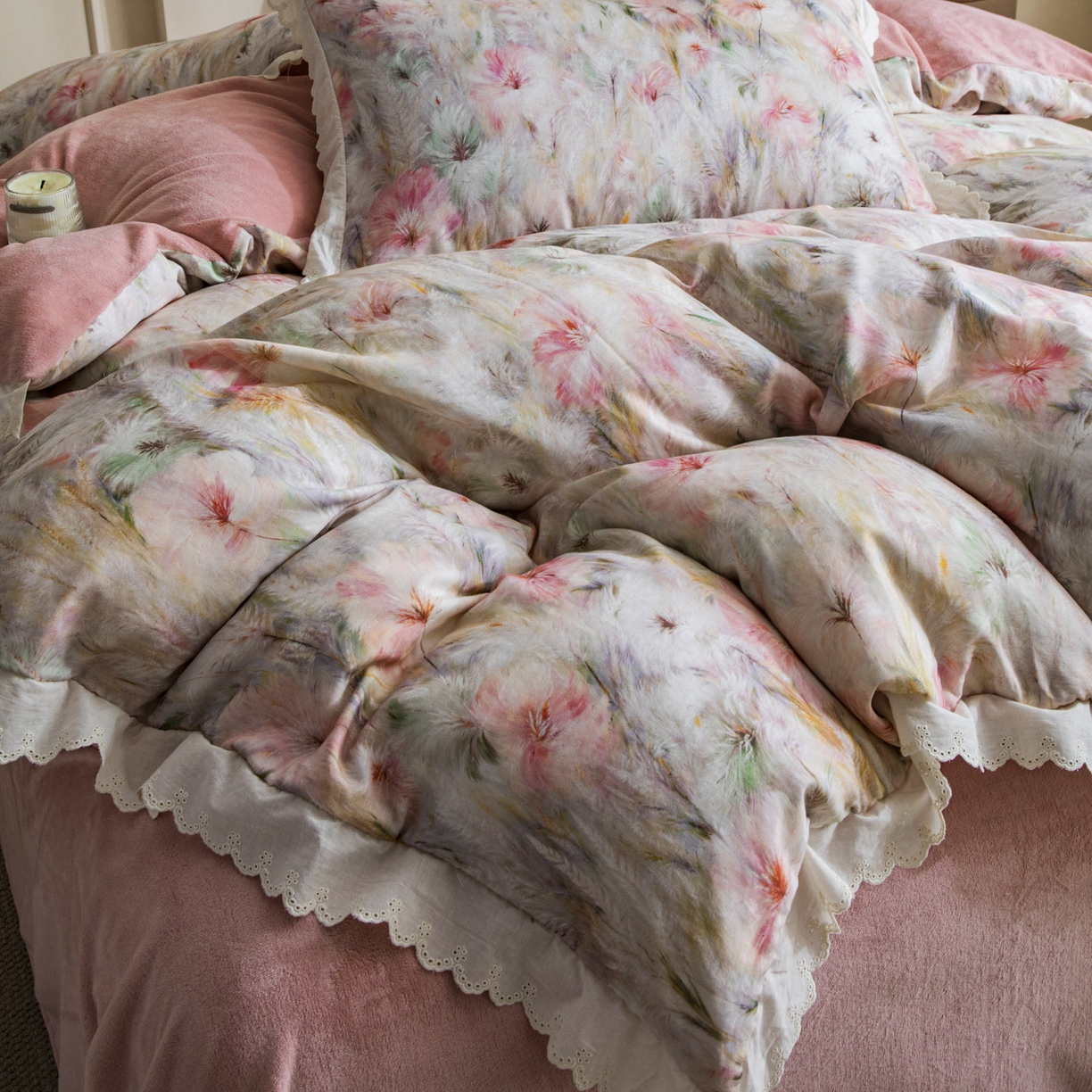 91家纺网 家纺一手货源 找家纺 大境 2025秋冬新款A类全棉双层纱棉加牛奶绒四件套韩版公主风 瑞芙丽