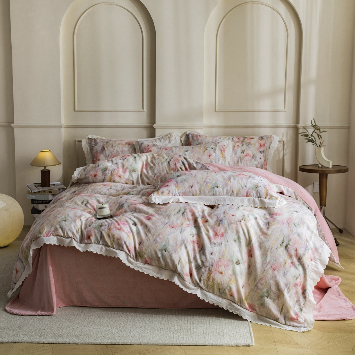 91家纺网 家纺一手货源 找家纺 大境 2025秋冬新款A类全棉双层纱棉加牛奶绒四件套韩版公主风 瑞芙丽