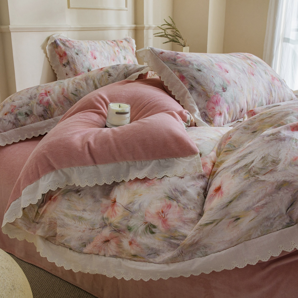 91家纺网 家纺一手货源 找家纺 大境 2025秋冬新款A类全棉双层纱棉加牛奶绒四件套韩版公主风 瑞芙丽