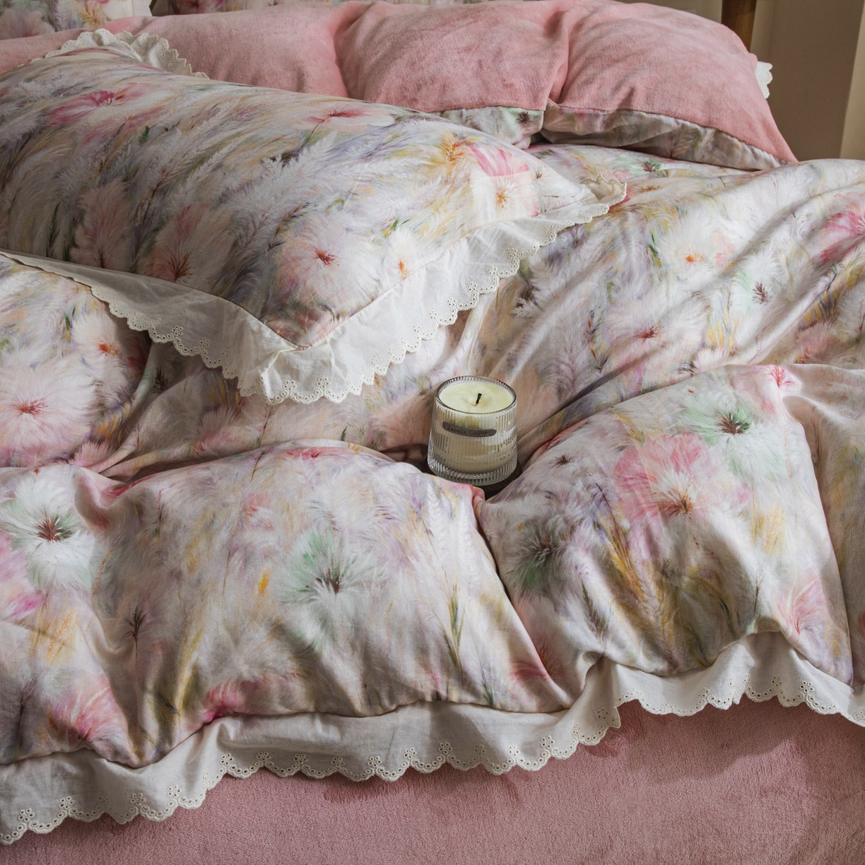 91家纺网 家纺一手货源 找家纺 大境 2025秋冬新款A类全棉双层纱棉加牛奶绒四件套韩版公主风 瑞芙丽