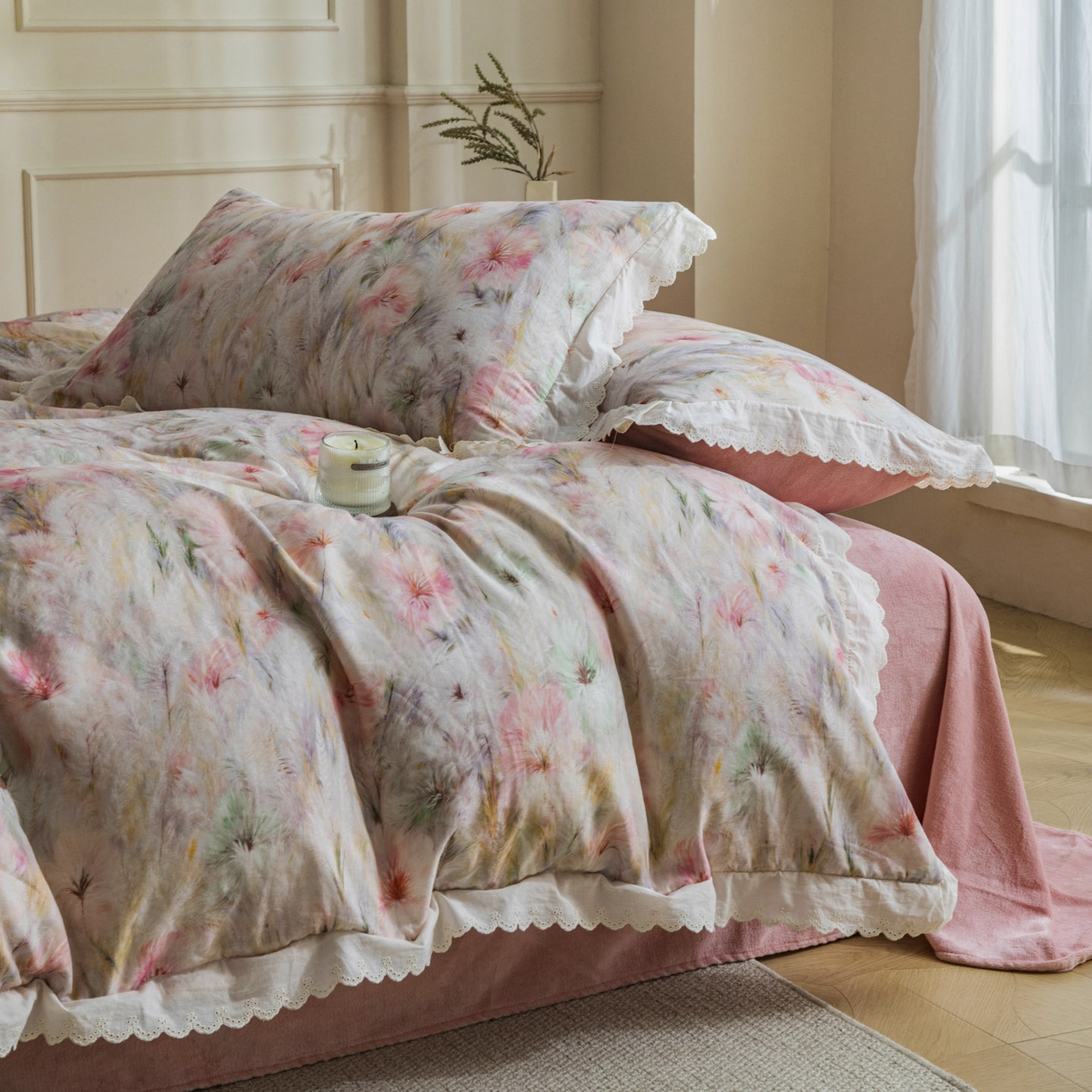 91家纺网 家纺一手货源 找家纺 大境 2025秋冬新款A类全棉双层纱棉加牛奶绒四件套韩版公主风 瑞芙丽