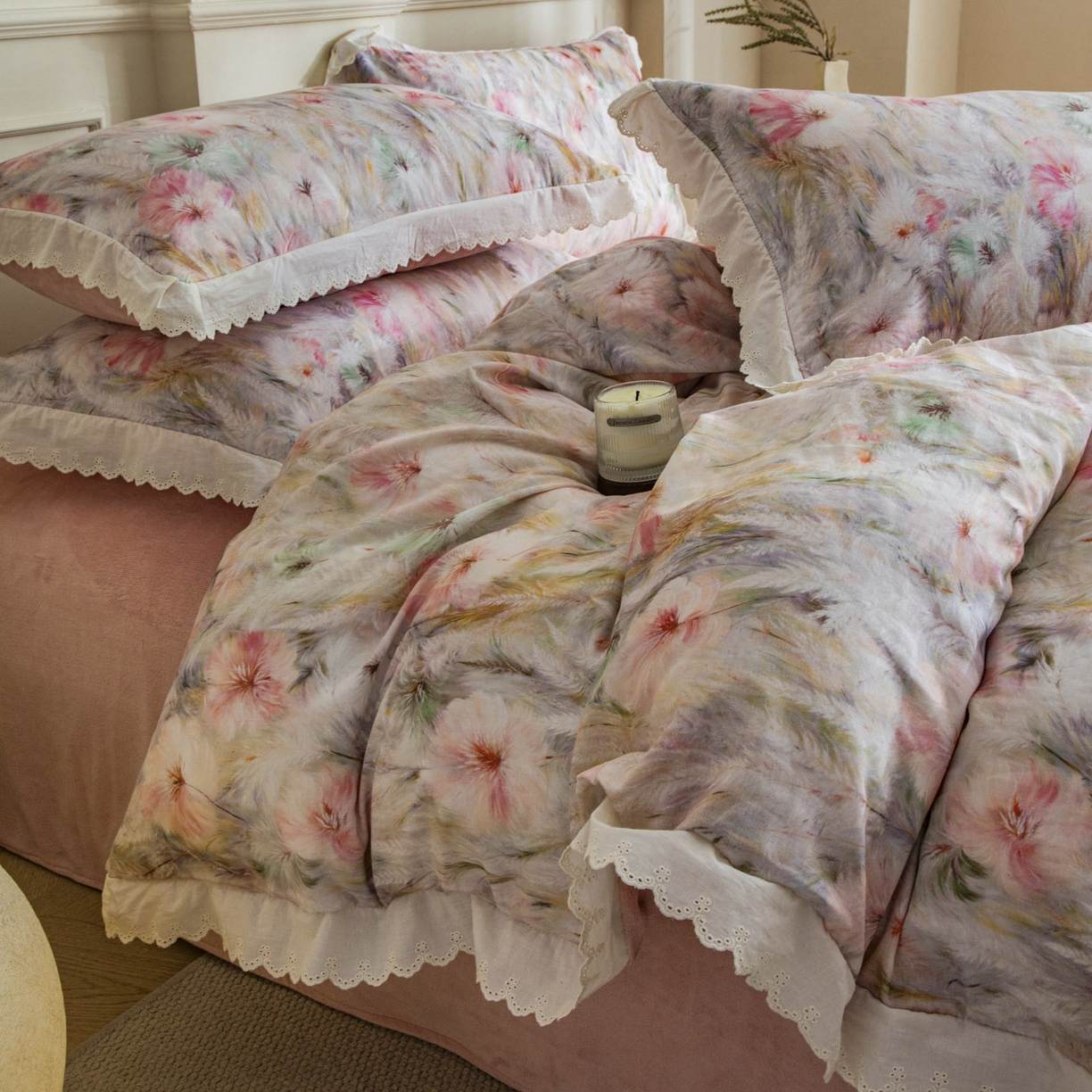 91家纺网 家纺一手货源 找家纺 大境 2025秋冬新款A类全棉双层纱棉加牛奶绒四件套韩版公主风 瑞芙丽