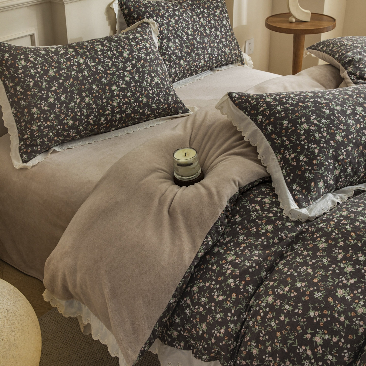 91家纺网 家纺一手货源 找家纺 大境 2025秋冬新款A类全棉双层纱棉加牛奶绒四件套韩版公主风 春野