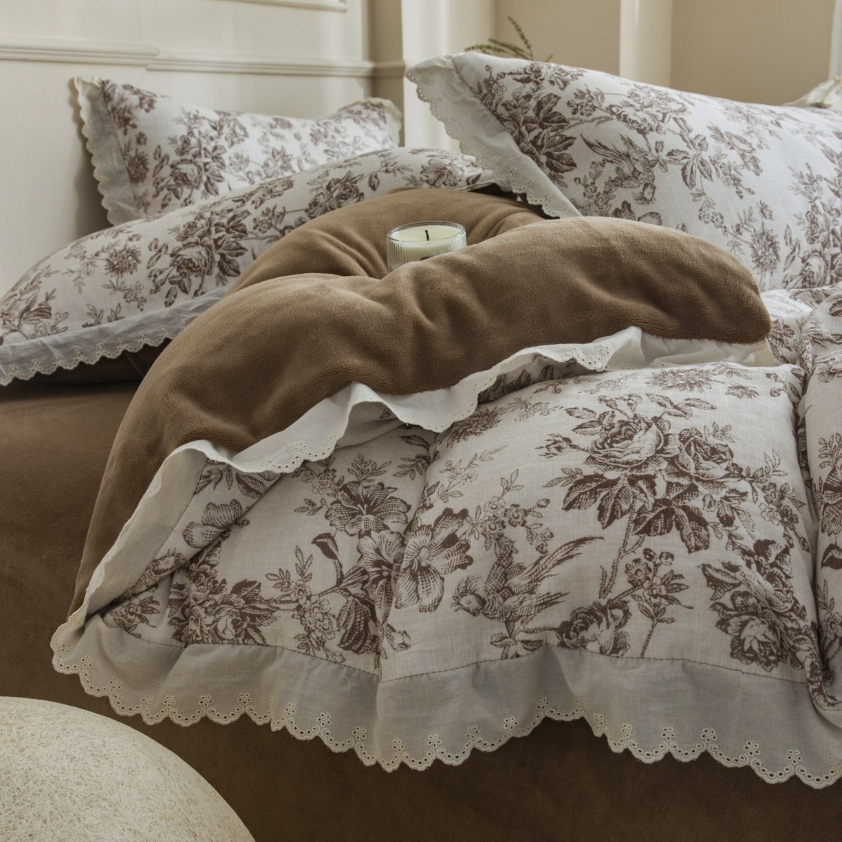 91家纺网 家纺一手货源 找家纺 大境 2025秋冬新款A类全棉双层纱棉加牛奶绒四件套韩版公主风 映秋