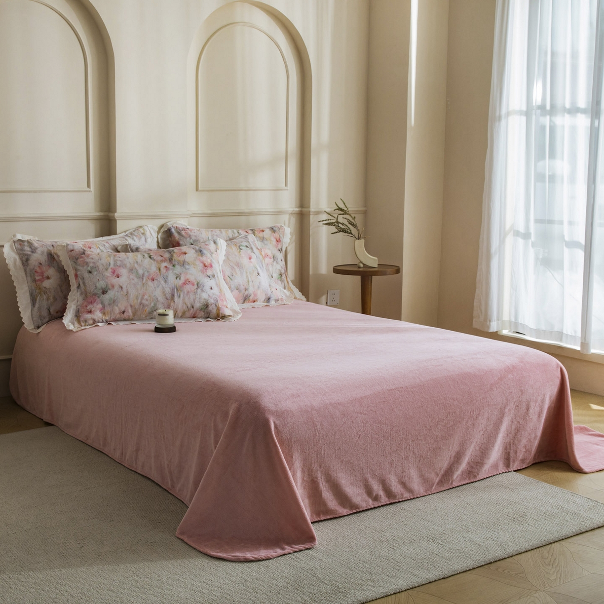 91家纺网 家纺一手货源 找家纺 大境 2025秋冬新款A类全棉双层纱棉加牛奶绒四件套韩版公主风 瑞芙丽