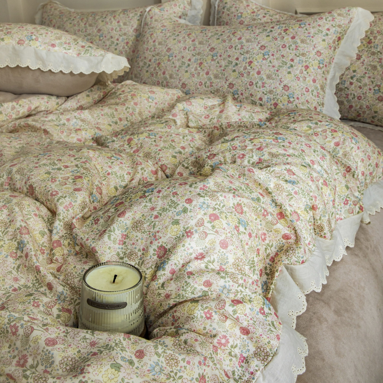 91家纺网 家纺一手货源 找家纺 大境 2025秋冬新款A类全棉双层纱棉加牛奶绒四件套韩版公主风 奈斯