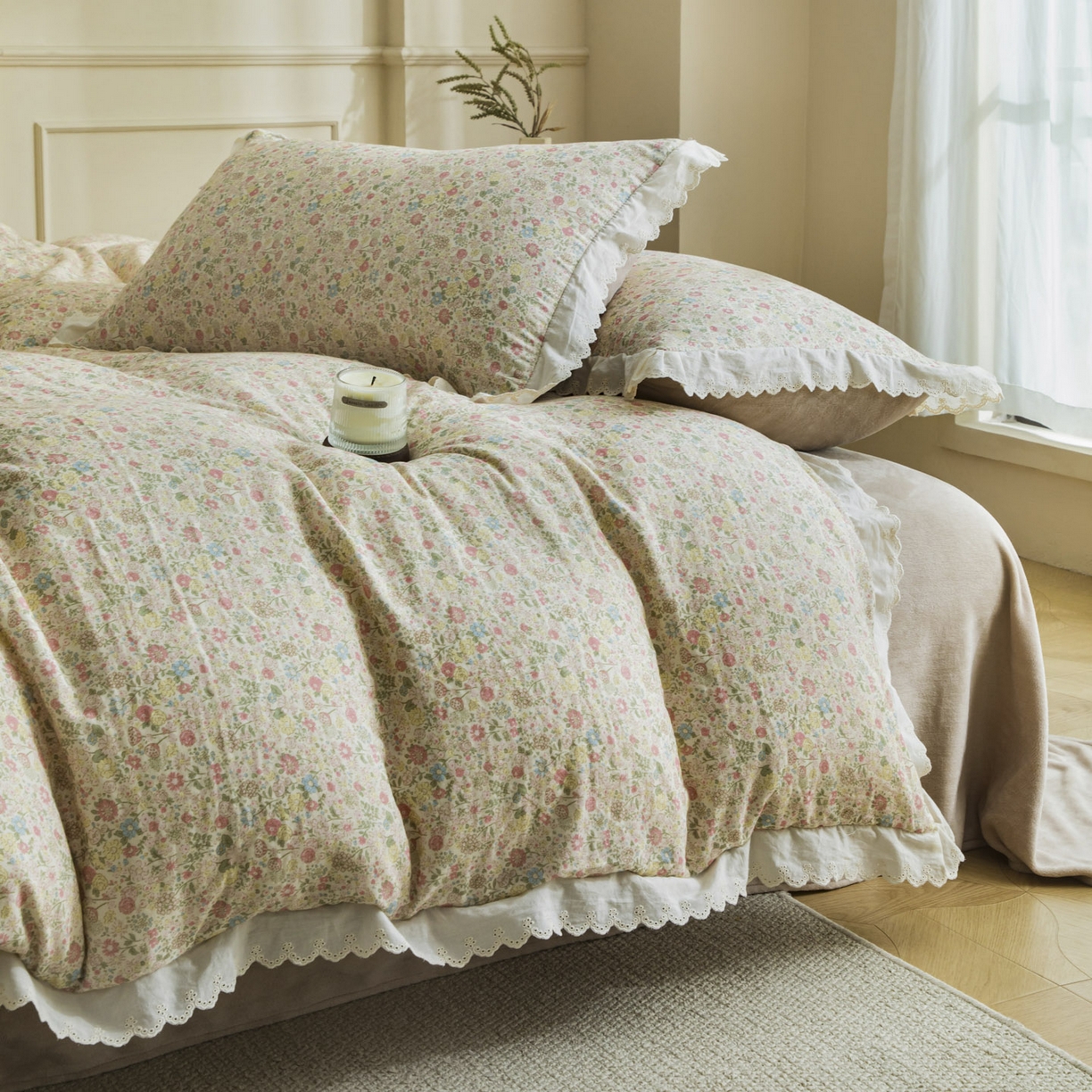 91家纺网 家纺一手货源 找家纺 大境 2025秋冬新款A类全棉双层纱棉加牛奶绒四件套韩版公主风 奈斯