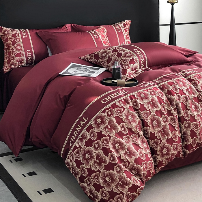 91家纺网 家纺一手货源 找家纺 悦织湾家纺 2025新款水洗冰丝浮雕刺绣四件套-浮雕梅影轻奢时尚三4件套 浮雕梅影-安哥拉红