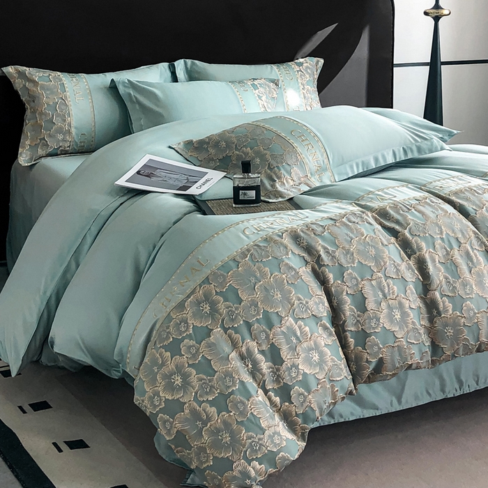 91家纺网 家纺一手货源 找家纺 悦织湾家纺 2025新款水洗冰丝浮雕刺绣四件套-浮雕梅影轻奢时尚三4件套 浮雕梅影-星海蓝