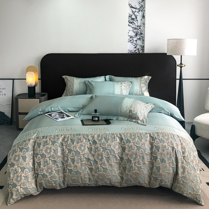 悦织湾家纺 2025新款水洗冰丝浮雕刺绣四件套-浮雕梅影轻奢时尚三4件套 浮雕梅影-星海蓝