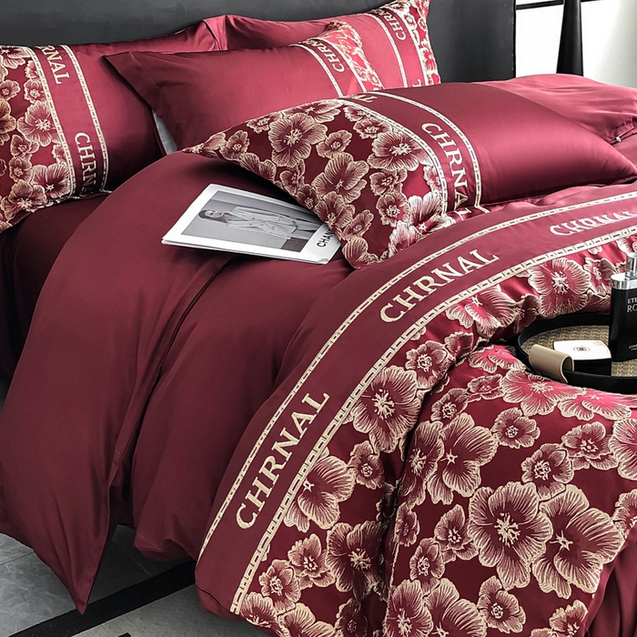 91家纺网 家纺一手货源 找家纺 悦织湾家纺 2025新款水洗冰丝浮雕刺绣四件套-浮雕梅影轻奢时尚三4件套 浮雕梅影-安哥拉红