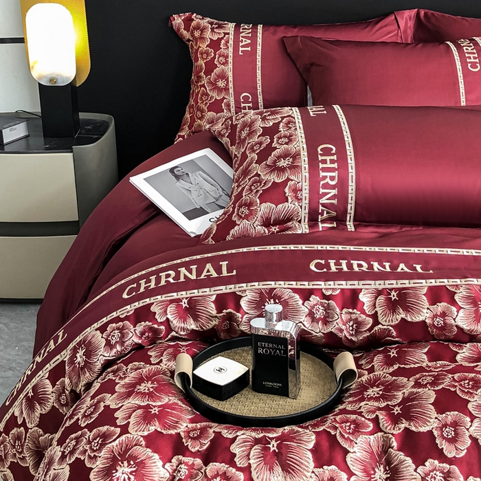 91家纺网 家纺一手货源 找家纺 悦织湾家纺 2025新款水洗冰丝浮雕刺绣四件套-浮雕梅影轻奢时尚三4件套 浮雕梅影-安哥拉红