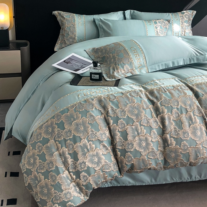 91家纺网 家纺一手货源 找家纺 悦织湾家纺 2025新款水洗冰丝浮雕刺绣四件套-浮雕梅影轻奢时尚三4件套 浮雕梅影-星海蓝