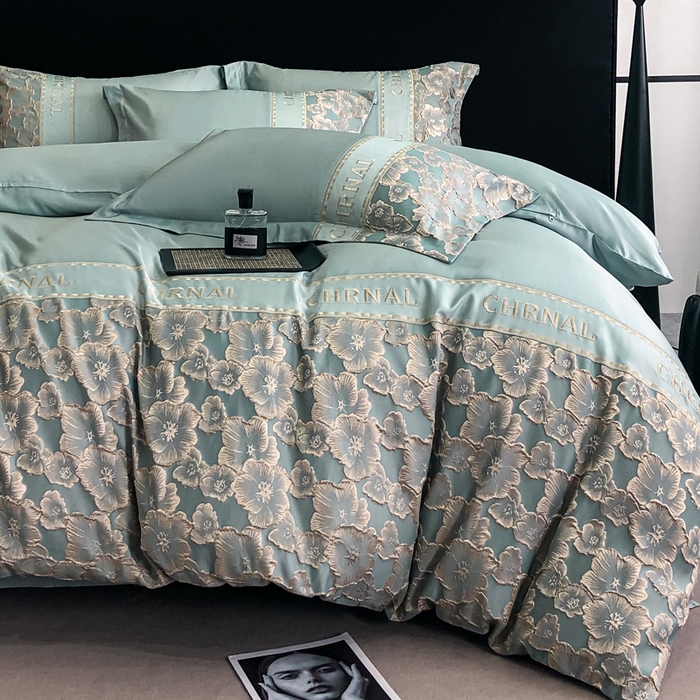 91家纺网 家纺一手货源 找家纺 悦织湾家纺 2025新款水洗冰丝浮雕刺绣四件套-浮雕梅影轻奢时尚三4件套 浮雕梅影-星海蓝