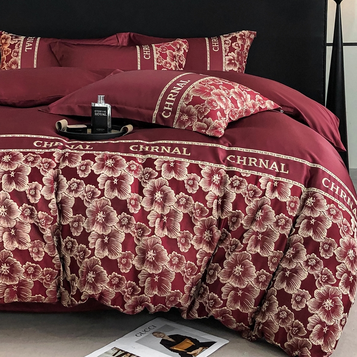 91家纺网 家纺一手货源 找家纺 悦织湾家纺 2025新款水洗冰丝浮雕刺绣四件套-浮雕梅影轻奢时尚三4件套 浮雕梅影-安哥拉红