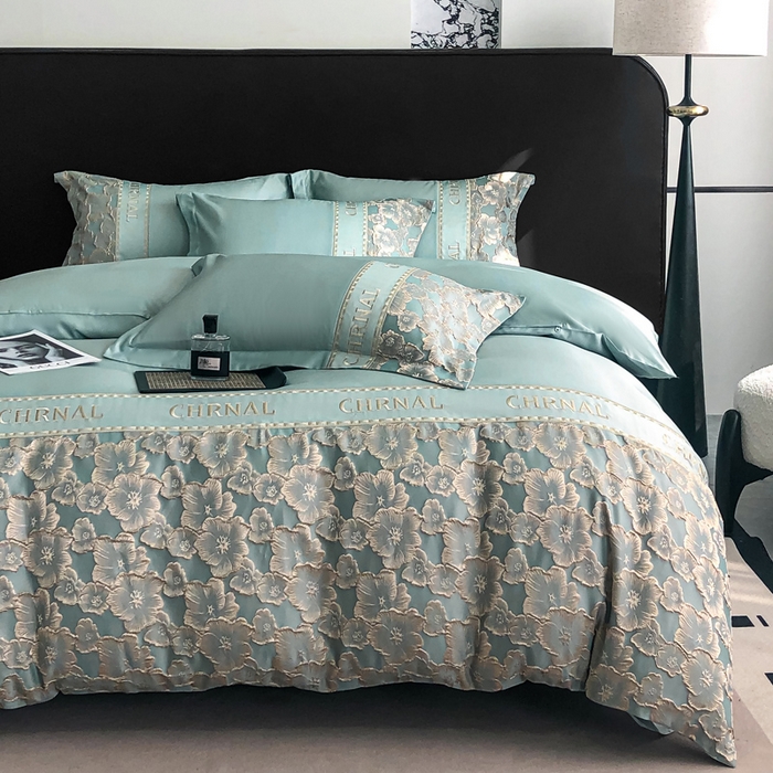 91家纺网 家纺一手货源 找家纺 悦织湾家纺 2025新款水洗冰丝浮雕刺绣四件套-浮雕梅影轻奢时尚三4件套 浮雕梅影-星海蓝