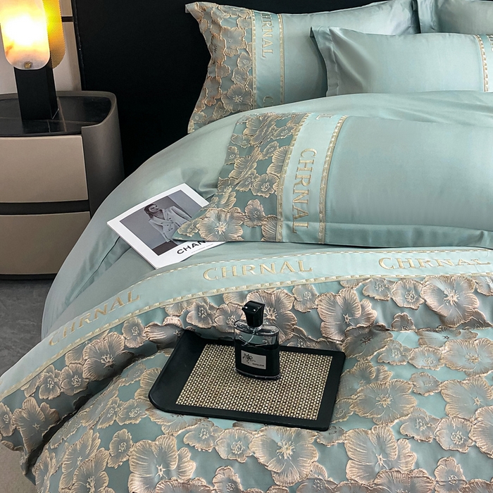 91家纺网 家纺一手货源 找家纺 悦织湾家纺 2025新款水洗冰丝浮雕刺绣四件套-浮雕梅影轻奢时尚三4件套 浮雕梅影-星海蓝