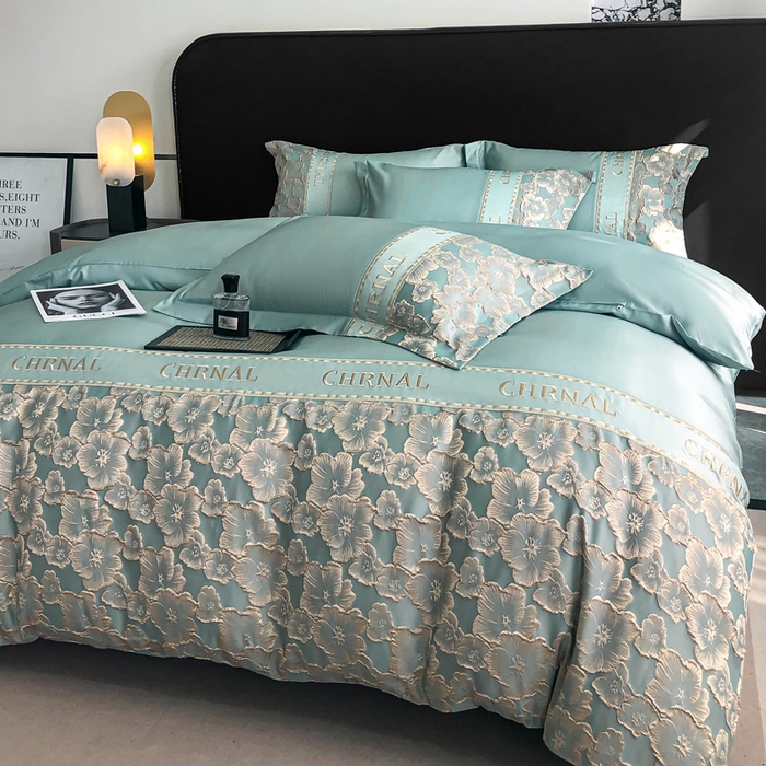 91家纺网 家纺一手货源 找家纺 悦织湾家纺 2025新款水洗冰丝浮雕刺绣四件套-浮雕梅影轻奢时尚三4件套 浮雕梅影-星海蓝