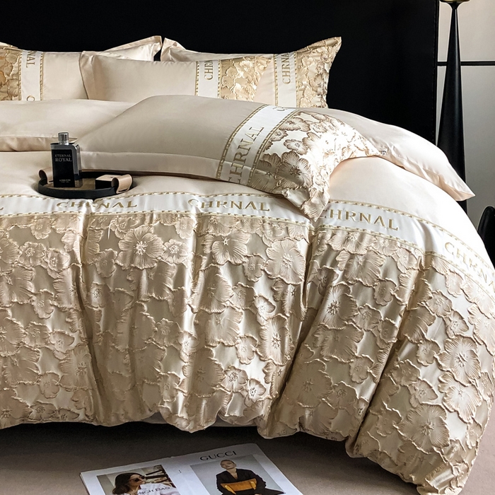 91家纺网 家纺一手货源 找家纺 悦织湾家纺 2025新款水洗冰丝浮雕刺绣四件套-浮雕梅影轻奢时尚三4件套 浮雕梅影-奶昔白