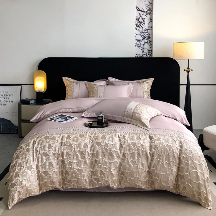 悦织湾家纺 2025新款水洗冰丝浮雕刺绣四件套-浮雕梅影轻奢时尚三4件套 浮雕梅影-玫粉