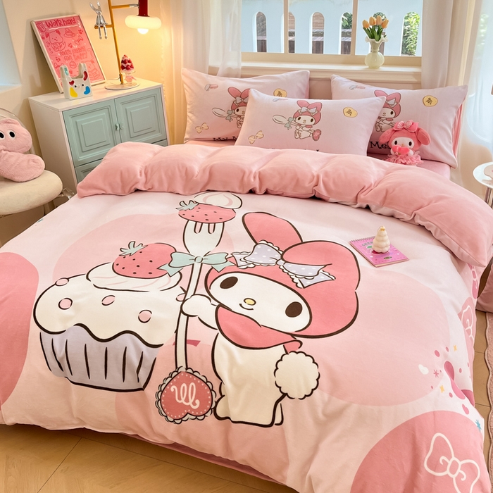 金爱家 2025新款正版三丽鸥授权大版卡通平网数码印花加厚高克重牛奶绒系列四件套-第一批 绒大版-R草莓蛋糕美乐蒂